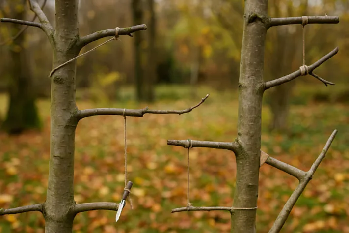 Отгибание ветвей плодовых деревьев осенью для урожая