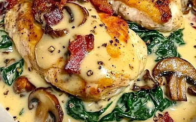 Рецепт шпината с беконом и грибами в сливках