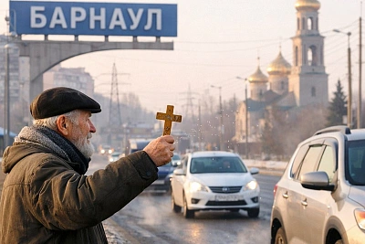 В Барнауле пожилой мужчина каждое утро благословляет автомобилистов