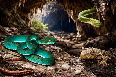 в пещерах камбоджи нашли бирюзовую гадюку, «летающую» змею и других новых животных