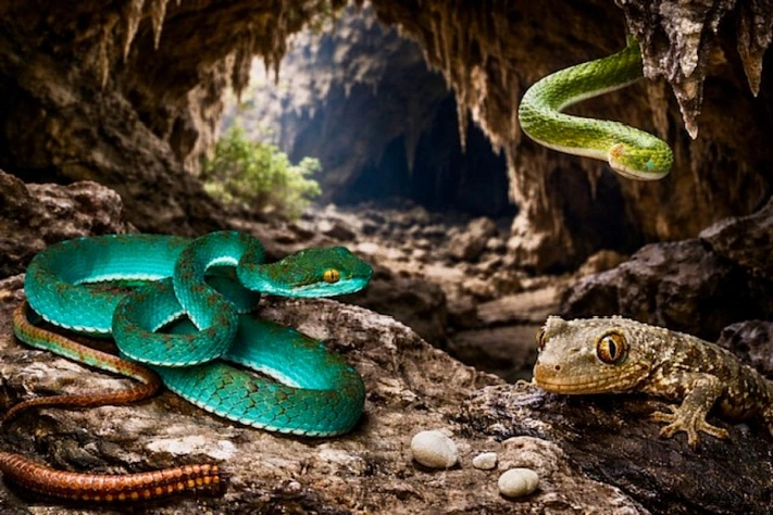 В пещерах Камбоджи нашли бирюзовую гадюку, «летающую» змею и других новых животных