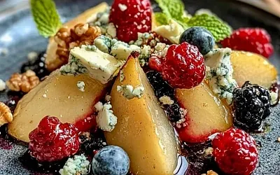 Печеные груши с ягодами, медом, грецкими орехами и голубым сыром