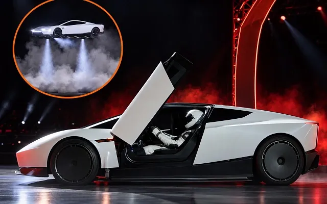 Новый Tesla Roadster прыгает и ездит вверх колёсами