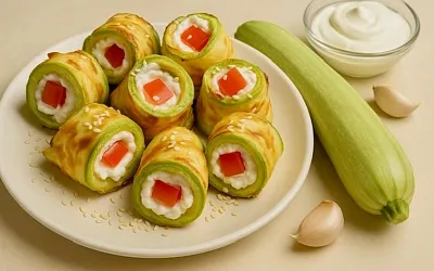 Рулетики из кабачков с сырным соусом и помидорами