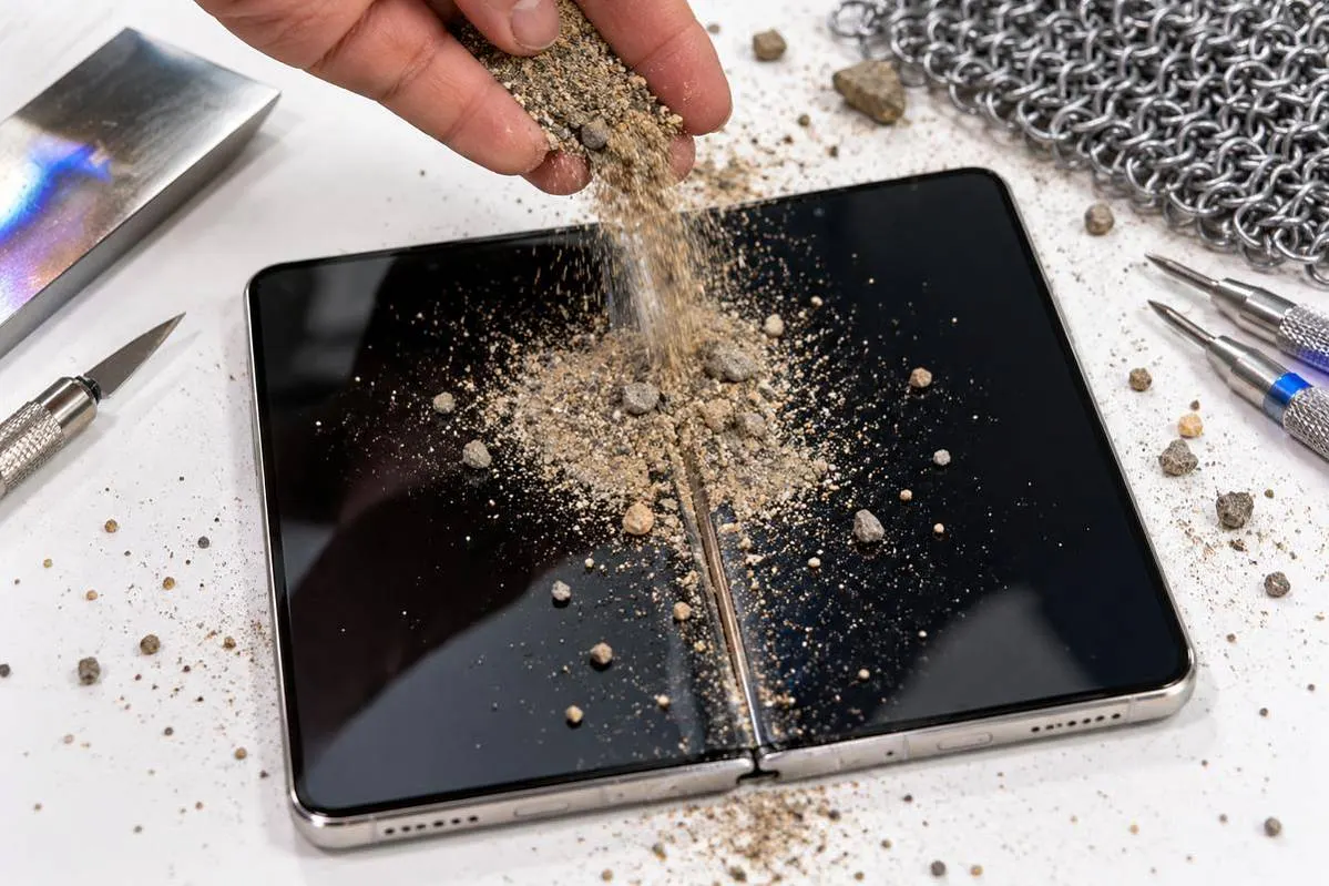 Песок заклинил шарнир нового iPhone Duo на тесте прочности