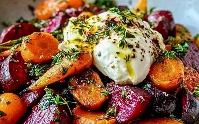 Салат из жареной свеклы и морковки с бурратой: яркое и вкусное сочетание