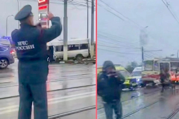 Трамвай сошёл с рельсов в Туле и протаранил маршрутки на мосту