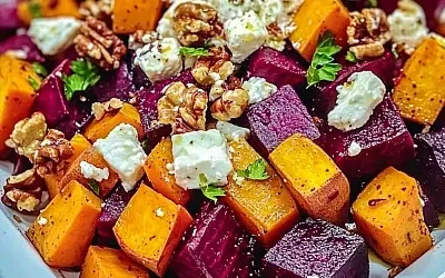 Яркий салат из жареной свеклы и сладкого картофеля с фетой и грецкими орехами