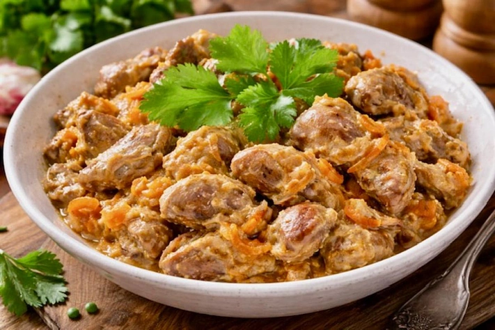 Тушёные куриные желудки в сметане, которые получаются мягкими