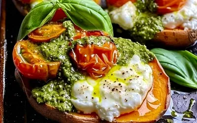 Фаршированная сладкая картошка с бурратой и песто