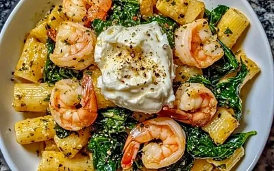 Паста Ригатони с чесночными креветками, шпинатом и бурратой